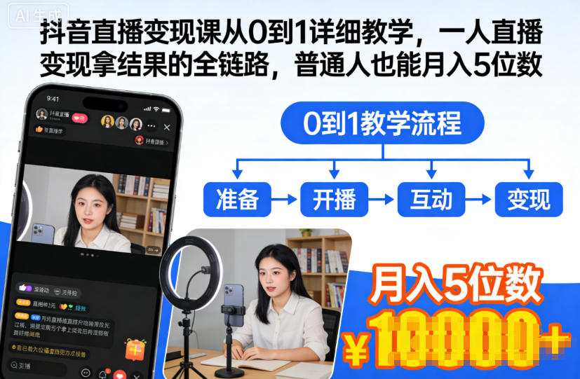 抖音直播变现课从0到1详细教学，一人直播变现拿结果的全链路，普通人也能月入5位数-niguangts