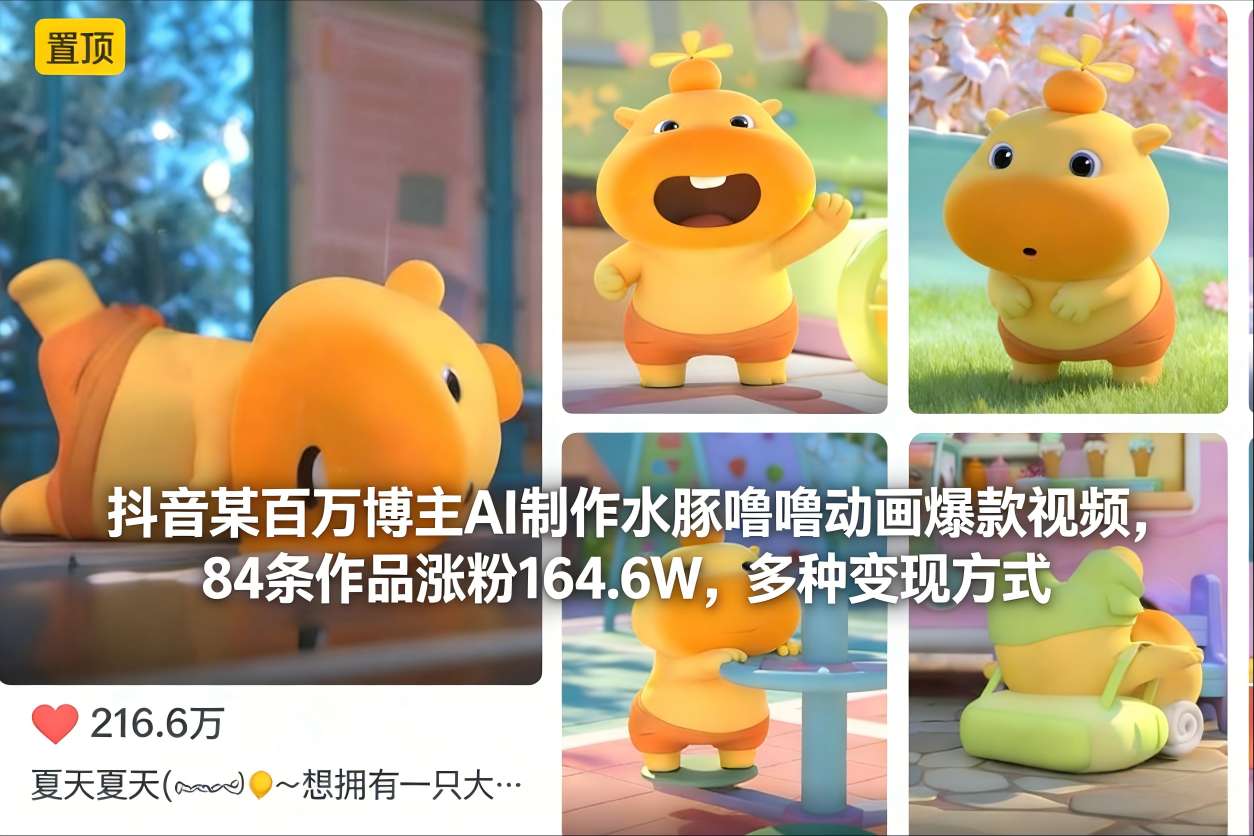 抖音某百万博主AI制作水豚噜噜动画爆款视频，84条作品涨粉164.6W，多种变现方式-niguangts