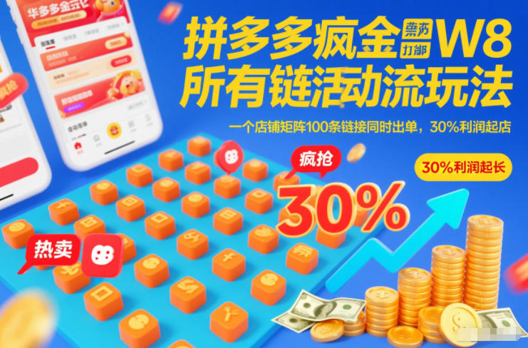 拼多多疯狂活动流玩法，所有链接全部打标，一个店铺矩阵100条链接同时出单，30%利润起店-niguangts