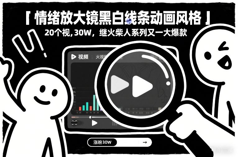 情绪放大镜黑白线条动画风格，20个视频，涨粉30W，继火柴人系列又一大爆款-niguangts