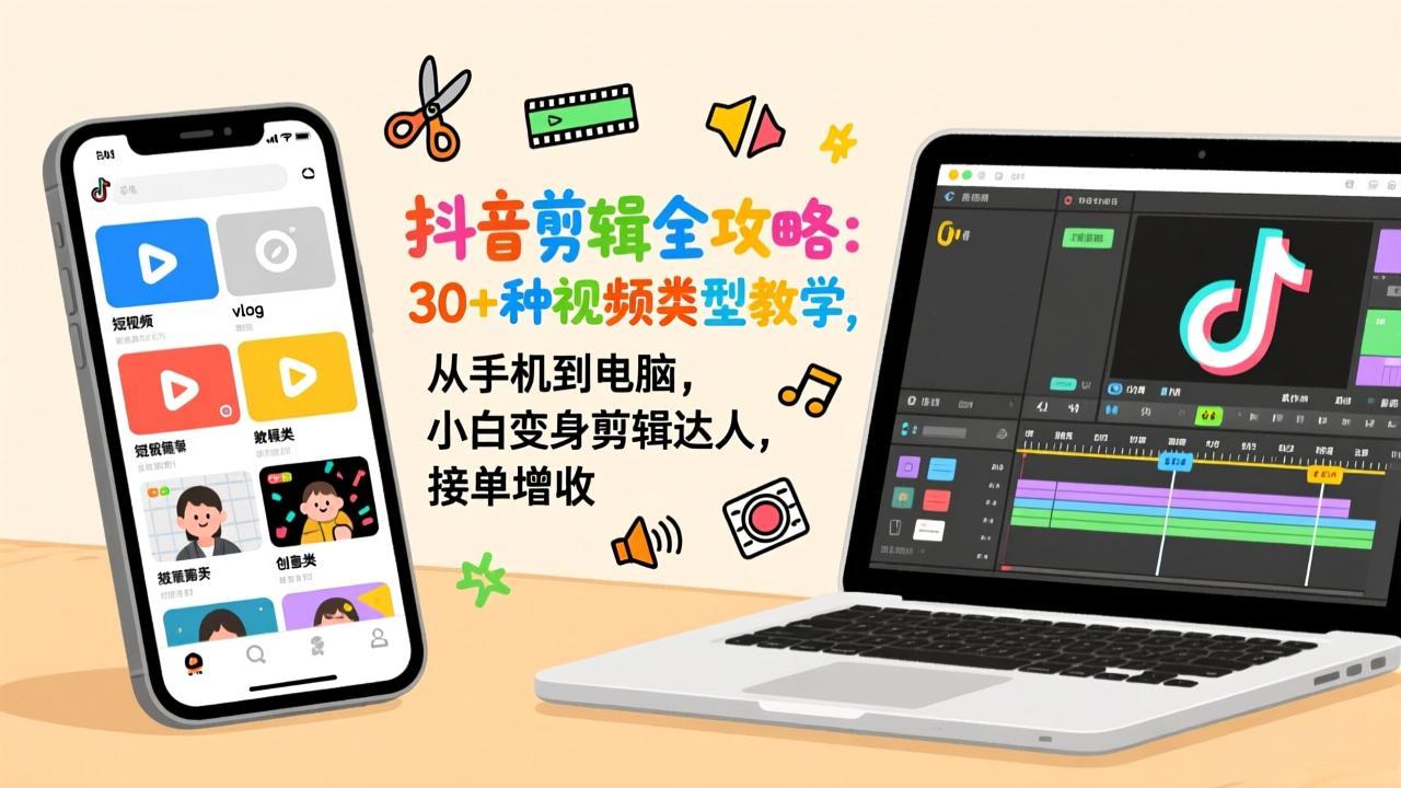 抖音剪辑全攻略：30+种视频类型教学，从手机到电脑，小白变身剪辑达人，接单增收-niguangts