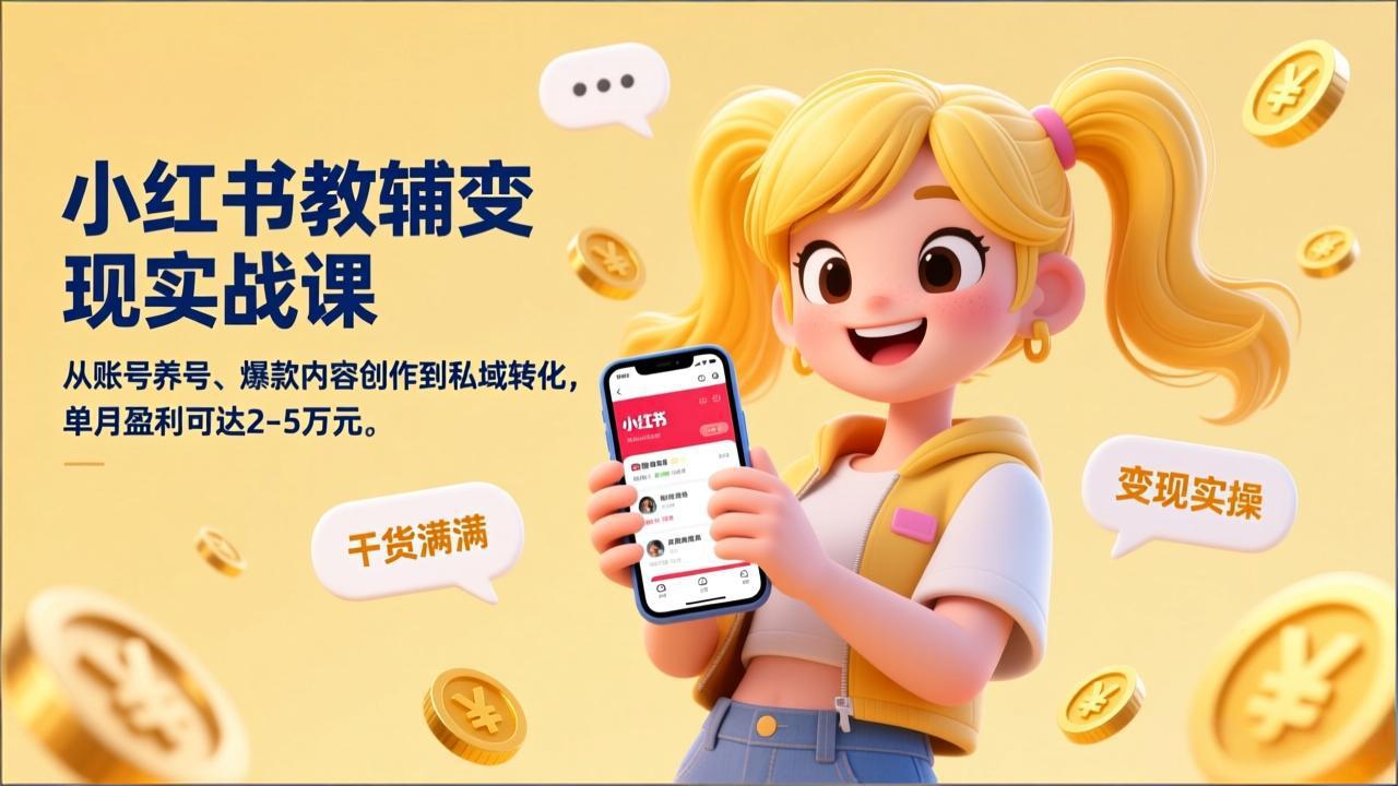 小红书教辅变现实战课，从账号养号、爆款内容创作到私域转化，单月盈利可达2-5万元-niguangts
