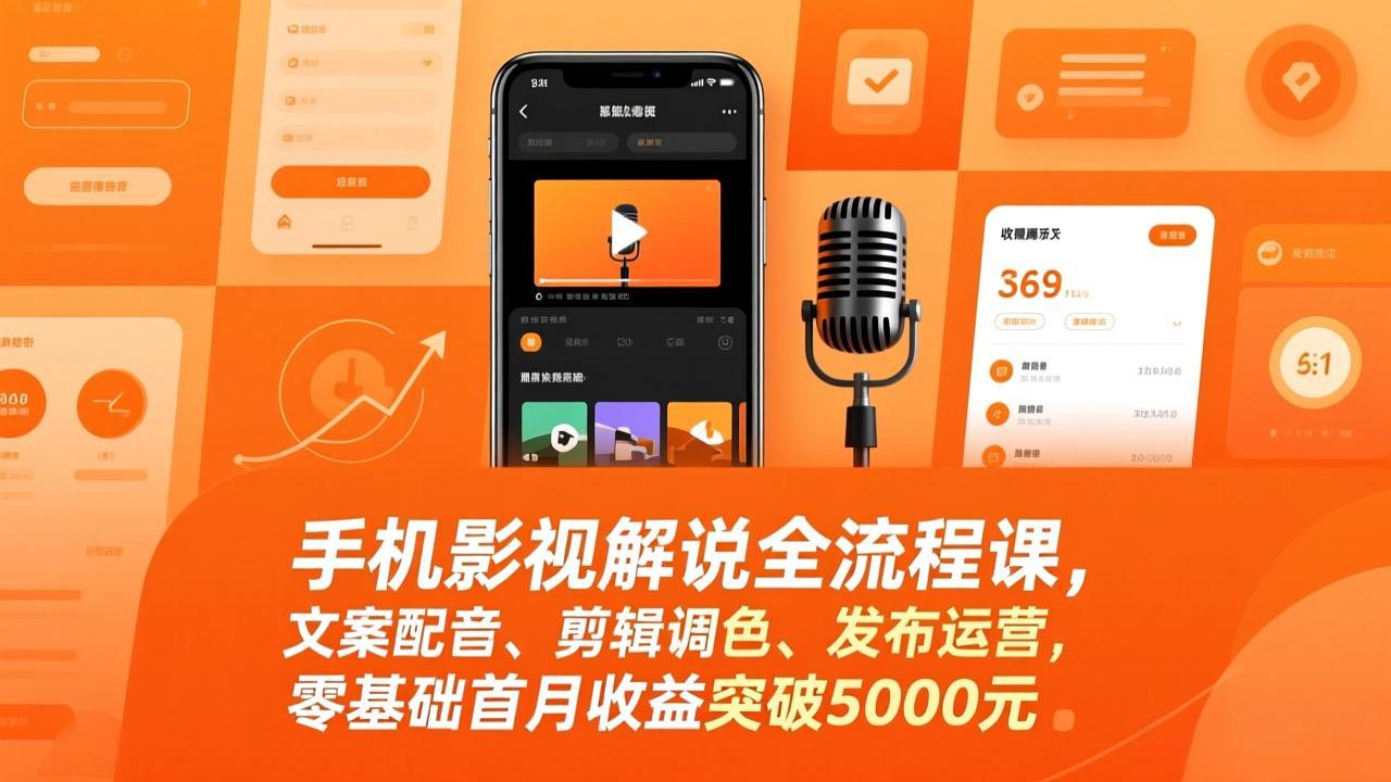 手机影视解说全流程课，文案配音、剪辑调色、发布运营，零基础首月收益突破5000元-niguangts