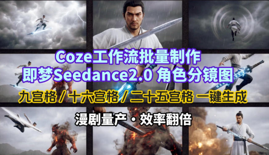 Coze工作流批量制作即梦Seedance2.0角色分镜图，九宫格-十六宫格-二十五宫格一键生成，漫剧量产，效率翻倍-niguangts