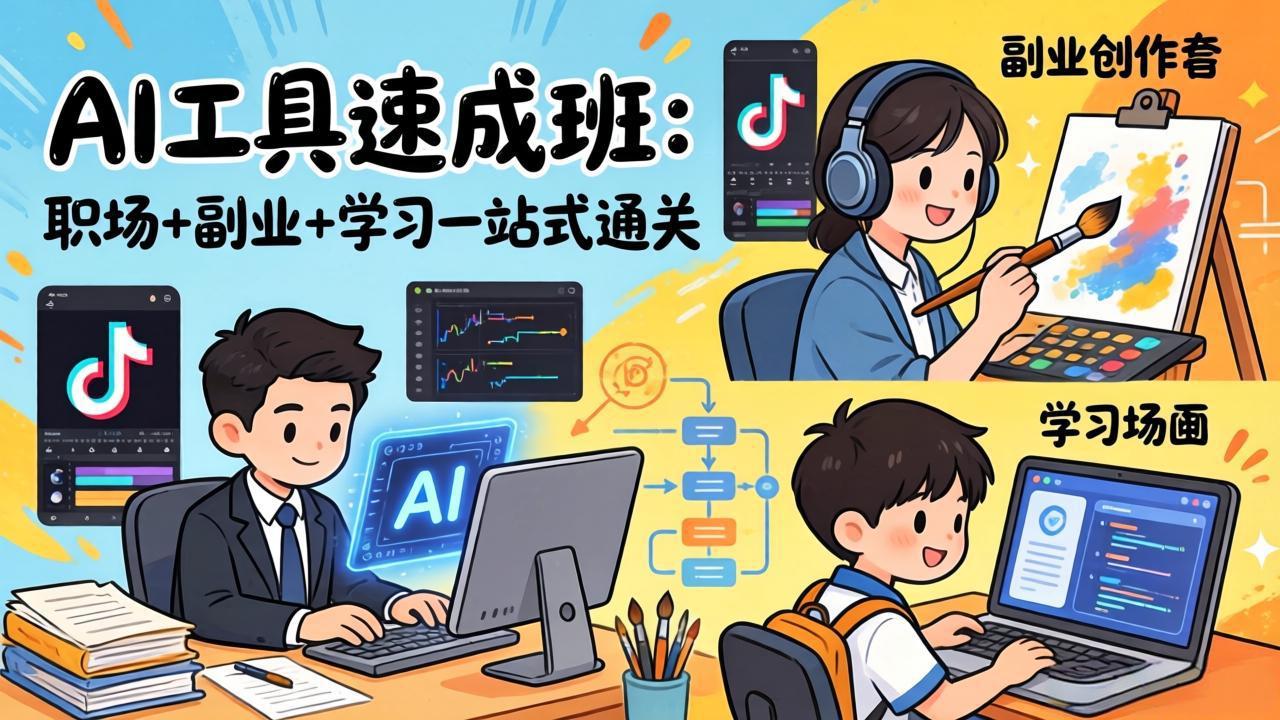 AI工具速成班：职场+副业+学习一站式通关，20+爆款类型+剪映技巧+抖音算法，0基础快速上手-niguangts