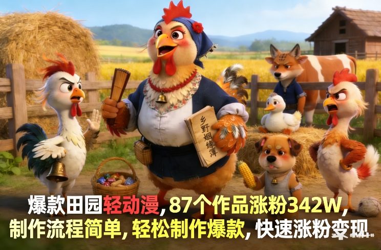 爆款田园轻动漫，87个作品涨粉342W，制作流程简单，轻松制作爆款，快速涨粉变现-niguangts