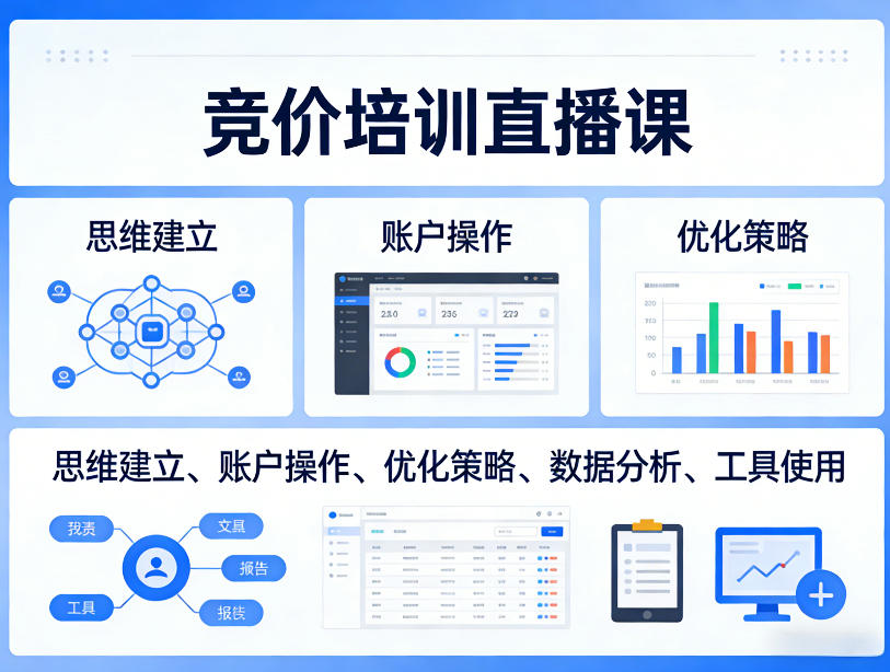 竞价培训直播课，覆盖思维建立、账户操作、优化策略、数据分析、工具使用等，全方位提升效果-niguangts