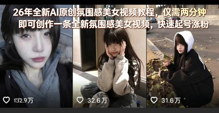 26年全新AI原创氛围感美女视频教程，仅需两分钟即可创作一条全新氛围感美女视频，快速起号涨粉-niguangts