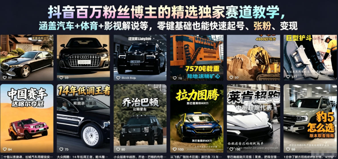 抖音百万粉丝博主的精选独家赛道教学，涵盖汽车+体育+影视解说等，零基础也能快速起号、涨粉、变现-niguangts