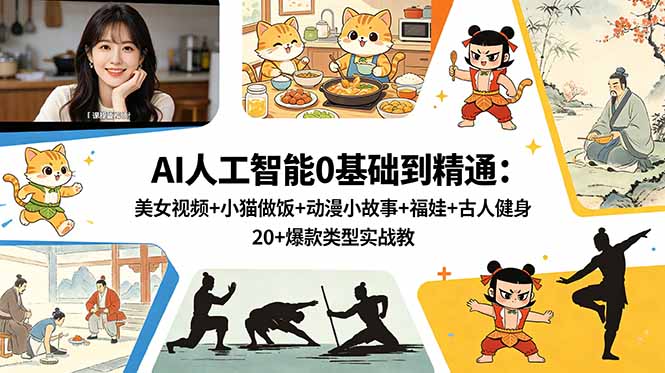 AI人工智能0基础到精通：美女视频+小猫做饭+动漫小故事+福娃+古人健身，20+爆款类型实战教学-niguangts