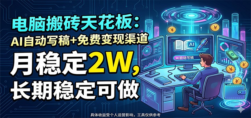 电脑搬砖天花板：AI自动写稿+免费变现渠道，月稳定2W，长期稳定可做-niguangts