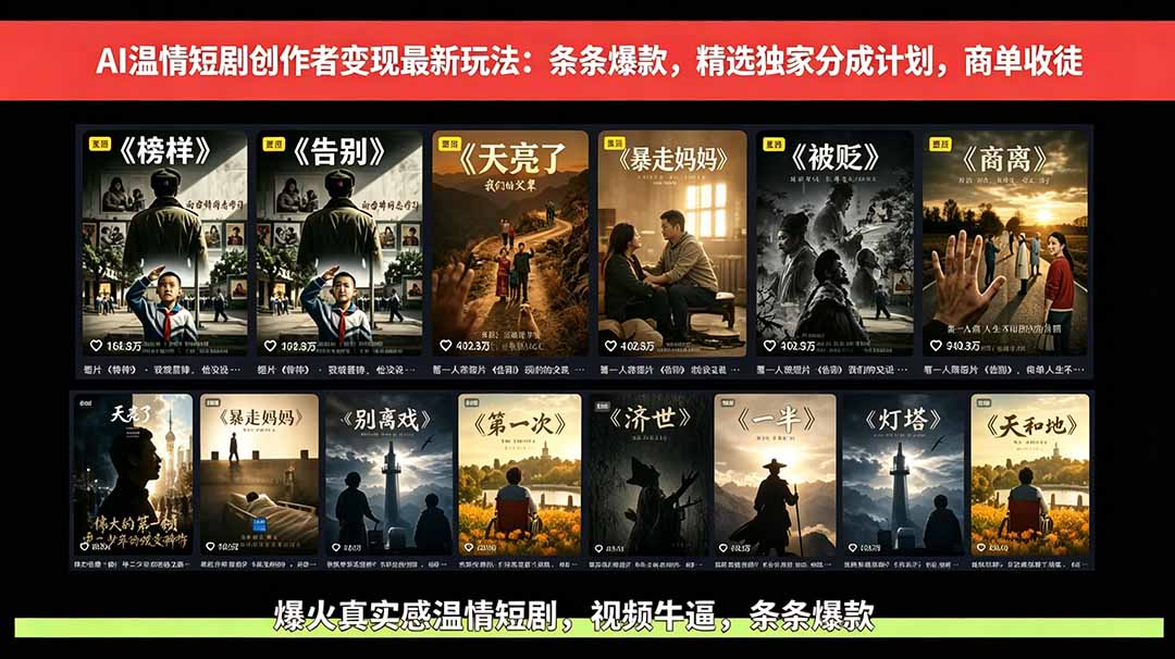 AI温情短剧创作者变现最新玩法：视频牛逼，条条爆款，精选独家分成计划，商单收徒-niguangts