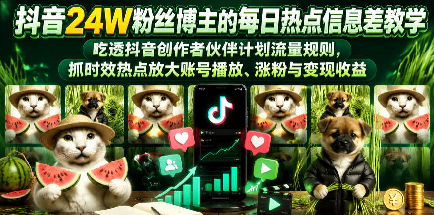 抖音24W粉丝博主的每日热点信息差教学，吃透创作者伙伴计划流量规则，抓时效热点放大账号播放、涨粉与变现收益-niguangts