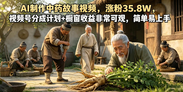 AI制作中药故事视频，涨粉35.8W，视频号分成计划+橱窗收益非常可观，简单易上手-niguangts