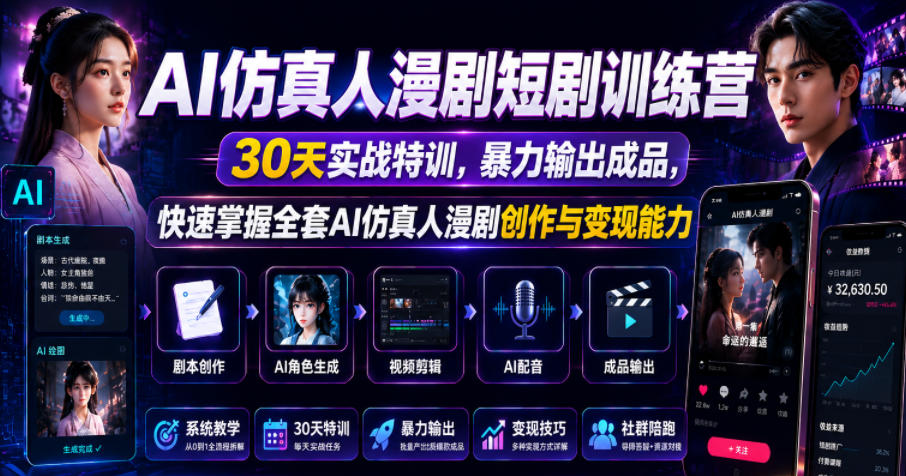 AI仿真人漫剧短剧训练营，30天实战特训，暴力输出成品，快速掌握全套AI仿真人漫剧创作与变现能力-niguangts