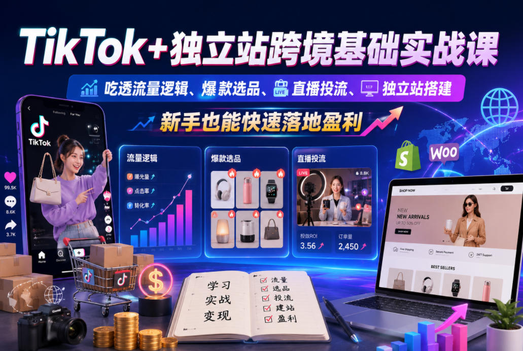 TikTok+独立站跨境基础实战课，吃透流量逻辑、爆款选品、直播投流与独立站搭建，新手也能快速落地盈利-niguangts