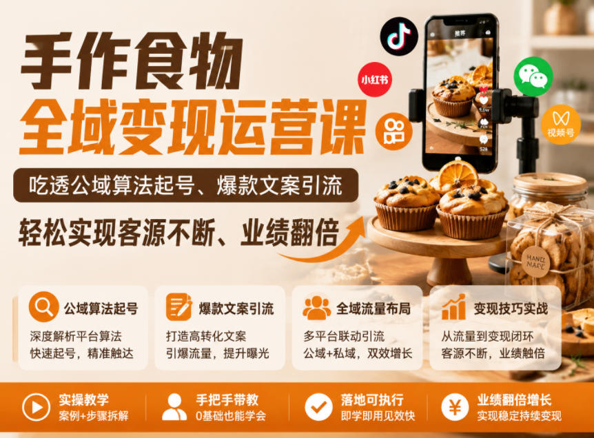 手作食物全域变现运营课，吃透公域算法起号、爆款文案引流，轻松实现客源不断、业绩翻倍-niguangts