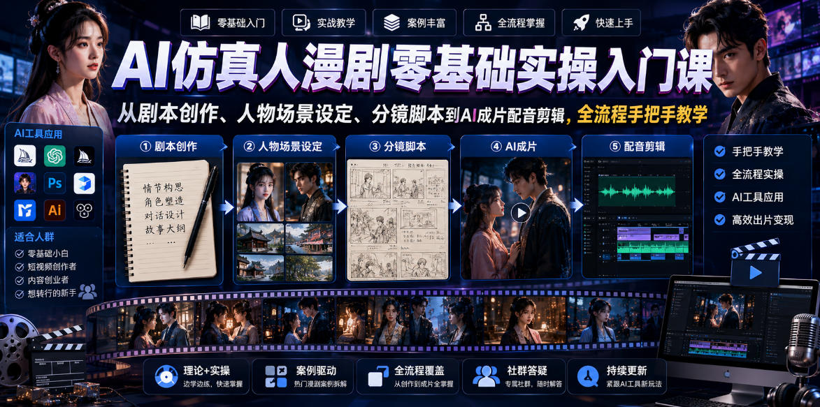 AI仿真人漫剧零基础实操入门课,从剧本创作、人物场景设定、分镜脚本到AI成片配音剪辑,全流程手把手教学-niguangts