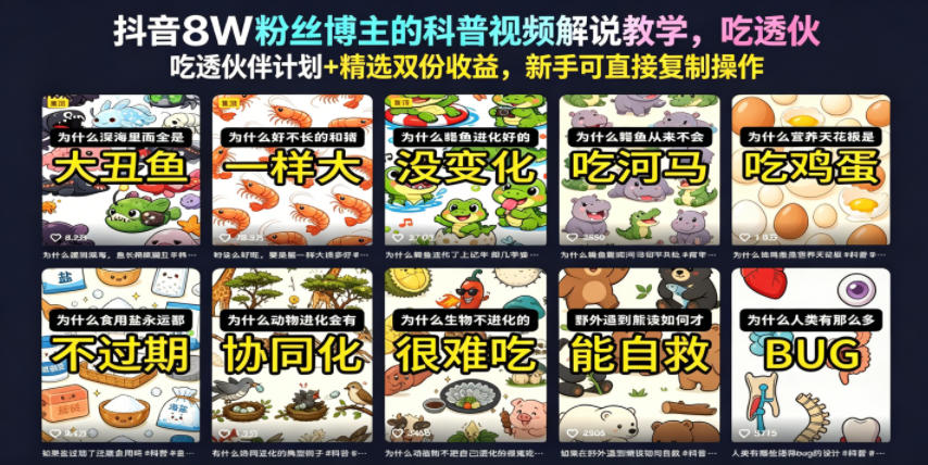 抖音8W粉丝博主的科普视频解说教学，吃透伙伴计划+精选双份收益，新手可直接复制操作-niguangts
