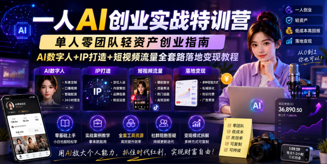 一人AI创业实战特训营，单人零团队轻资产创业指南，AI数字人+IP打造+短视频流量全套路落地变现教程-niguangts