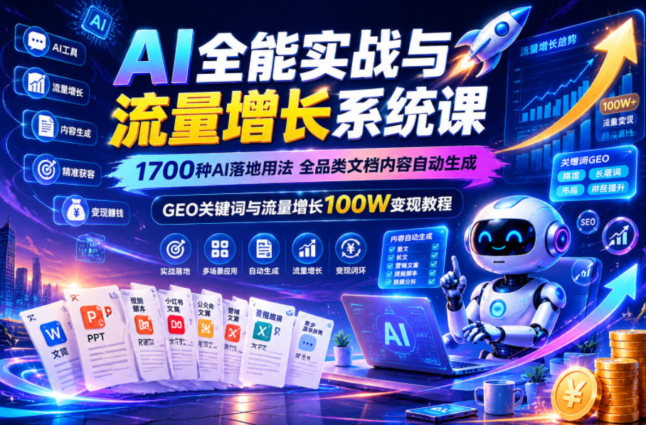 AI全能实战与流量增长系统课，1700种AI落地用法，全品类文档内容自动生成，GEO关键词与流量增长100W变现教程-niguangts