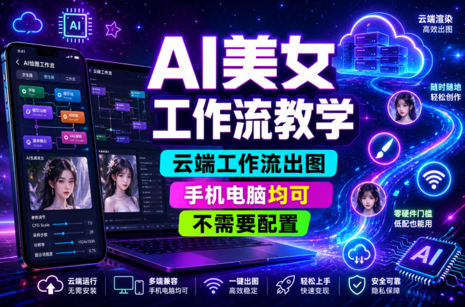 AI美女工作流教学，云端工作流出图，手机电脑均可，不需要配置，快速起号涨粉-niguangts