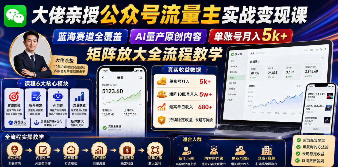 大佬亲授公众号流量主实战变现课，蓝海赛道全覆盖，AI量产原创内容，单账号月入5k+矩阵放大全流程教学-niguangts