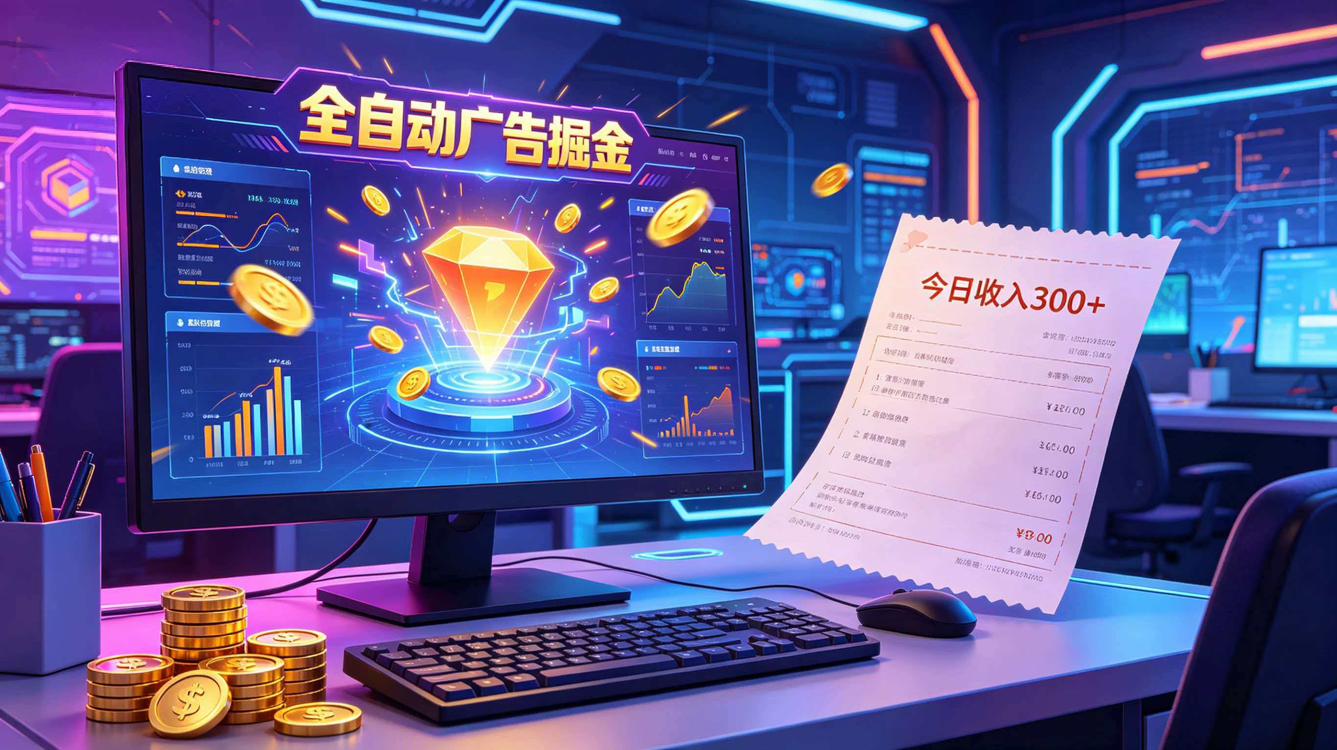 全自动广告掘金，日入300+。全程Ai自动化运行，解放双手，时间自由。收益稳定-niguangts
