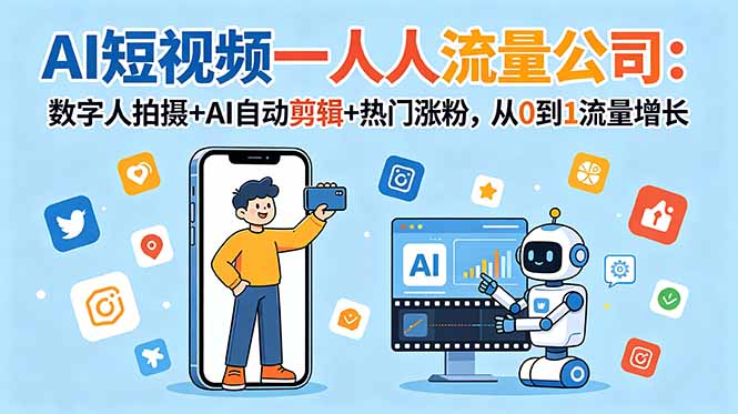 AI短视频一人流量公司：数字人拍摄+AI自动剪辑+热门涨粉，从0到1流量增长-niguangts