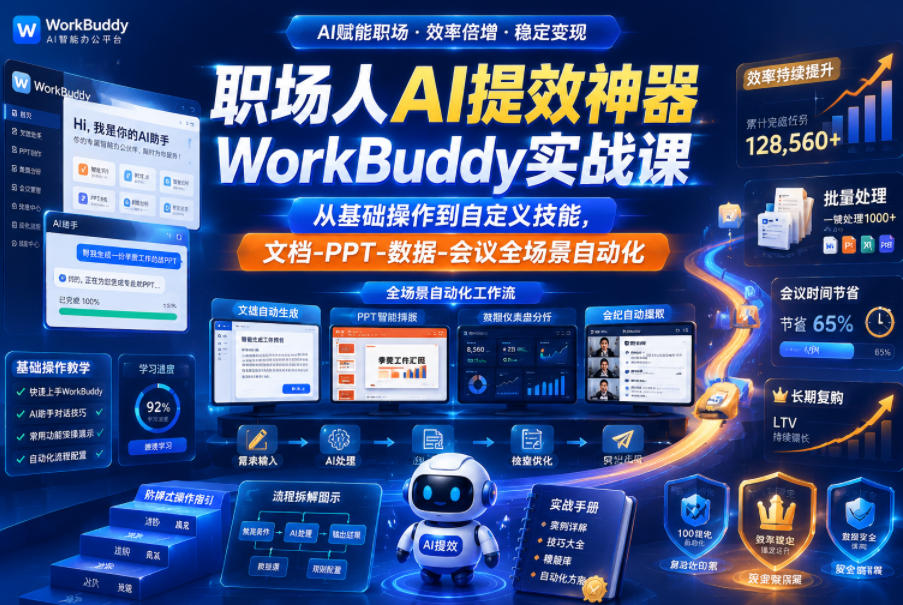 职场人AI提效神器WorkBuddy实战课，从基础操作到自定义技能，文档-PPT-数据-会议全场景自动化-niguangts