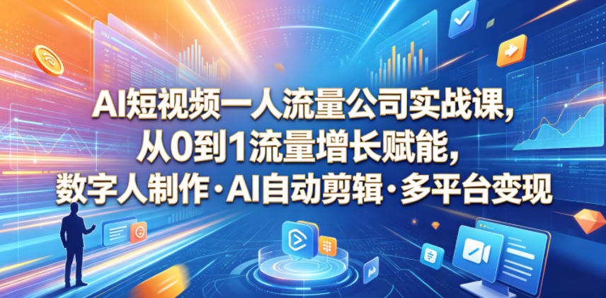 AI短视频一人流量公司实战课，从0到1流量增长赋能，数字人制作・AI自动剪辑・多平台变现，一人做流量生意全落地教程-niguangts