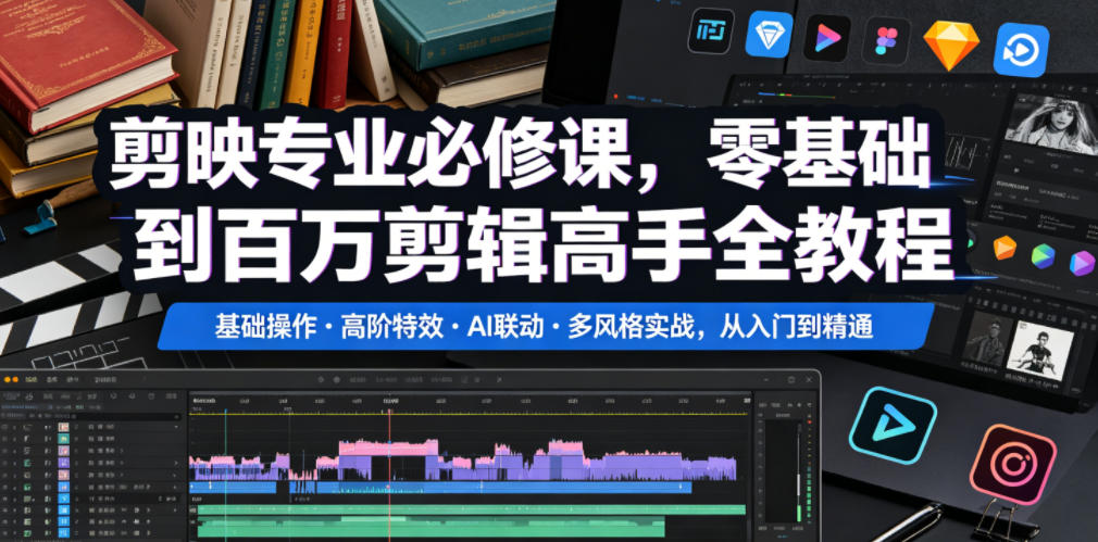 剪映专业必修课，零基础到百万剪辑高手全教程，基础操作・高阶特效・AI联动・多风格实战，从入门到精通-niguangts