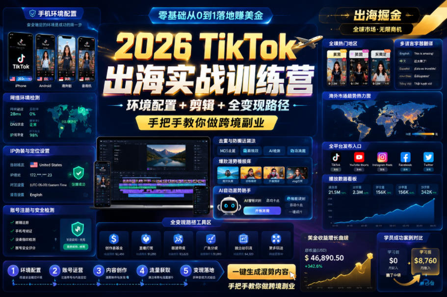 2026 TikTok出海实战训练营，环境配置 + 剪辑 + 全变现路径，手把手教你做跨境副业-niguangts