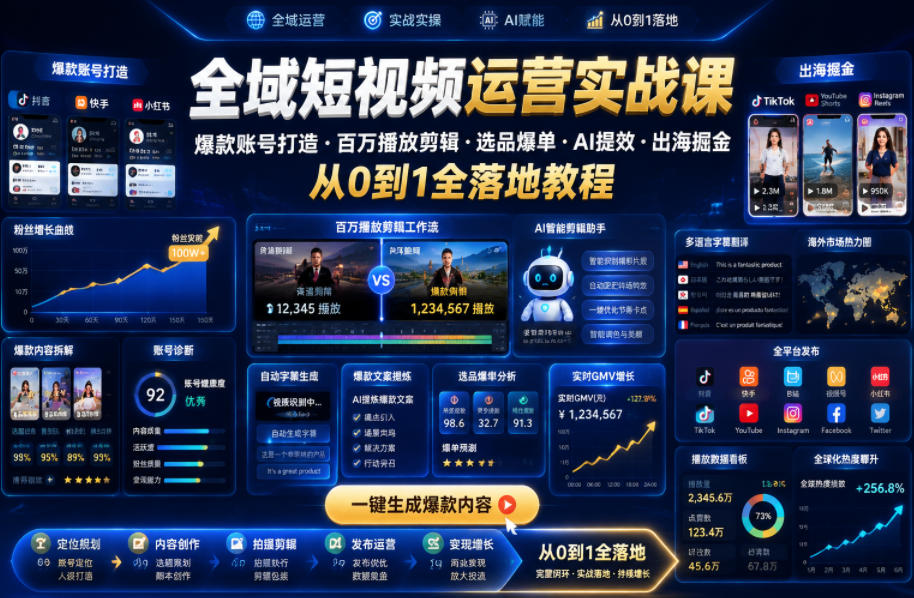 全域短视频运营实战课，爆款账号打造・百万播放剪辑・选品爆单・AI提效・出海掘金，从0到1全落地教程-niguangts