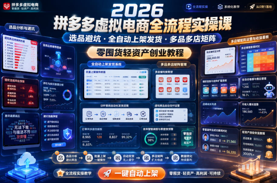 2026拼多多虚拟电商全流程实操课，选品避坑・全自动上架发货・多品多店矩阵，零囤货轻资产创业教程-niguangts