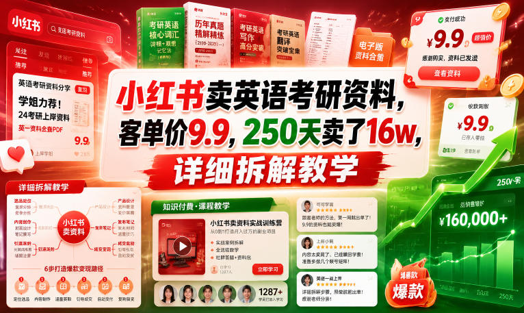 小红书卖英语考研资料，客单价9.9，250天卖了16w，详细拆解教学-niguangts