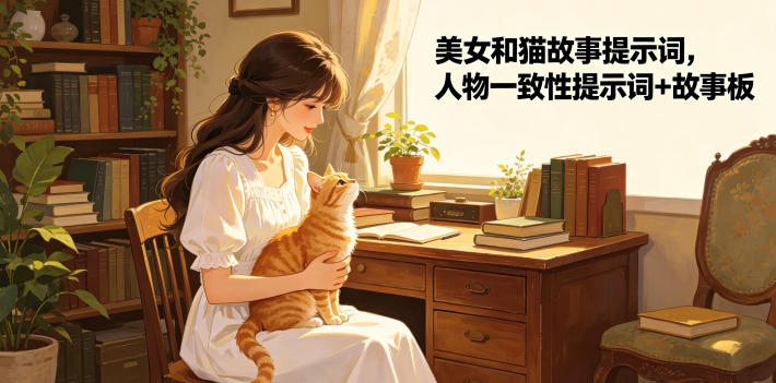 美女和猫故事提示词，人物一致性提示词+故事板-niguangts