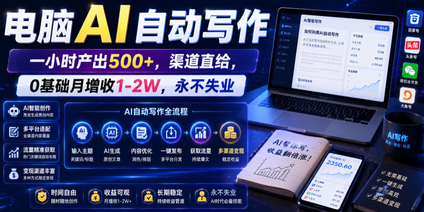 电脑AI自动写作，一小时产出500+，渠道直给，0基础月增收1-2W，永不失业【揭秘】-niguangts