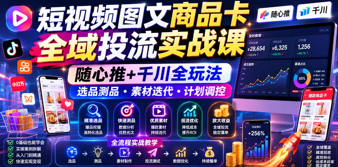 短视频图文商品卡全域投流实战课，随心推+千川全玩法，选品测品・素材迭代・计划调控，提升ROI爆单增收教程-niguangts