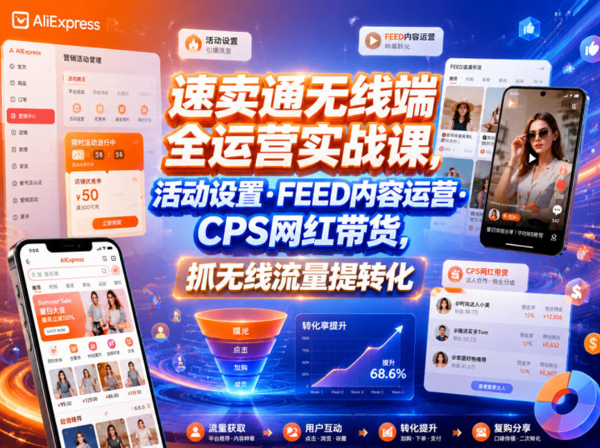 速卖通无线端全运营实战课，活动设置・FEED内容运营・CPS网红带货，抓无线流量提转化-niguangts
