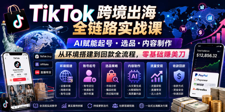TikTok跨境出海全链路实战课，AI赋能起号・选品・内容制作，从环境搭建到回款全流程，零基础賺美刀-niguangts