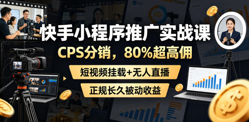 快手小程序推广实战课，CPS分销，80%超高佣，短视频挂载+无人直播，正规长久被动收益-niguangts