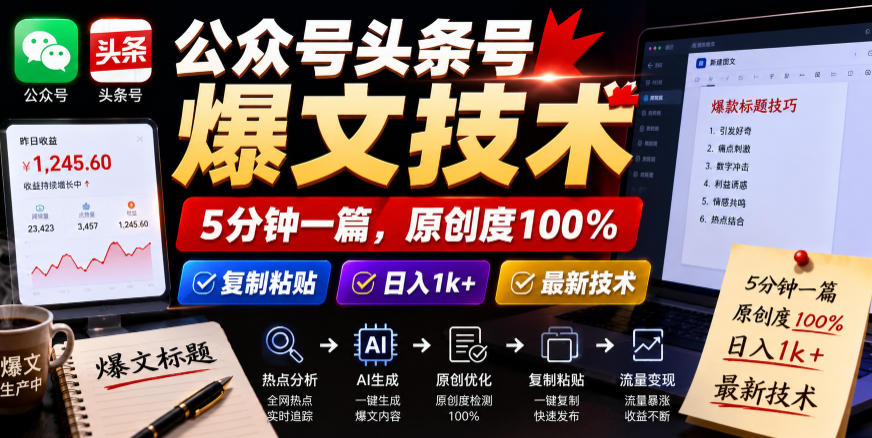 公众号头条号爆文技术，5分钟一篇，原创度100%，复制粘贴，日入1k+，最新技术【揭秘】-niguangts