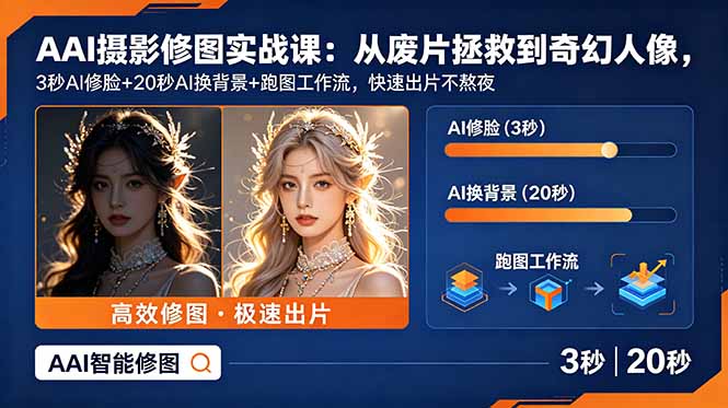 AI摄影修图实战课：从废片拯救 到 奇幻人像，3秒AI修脸+20秒AI换背景+跑图工作流，快速出片不熬夜-niguangts