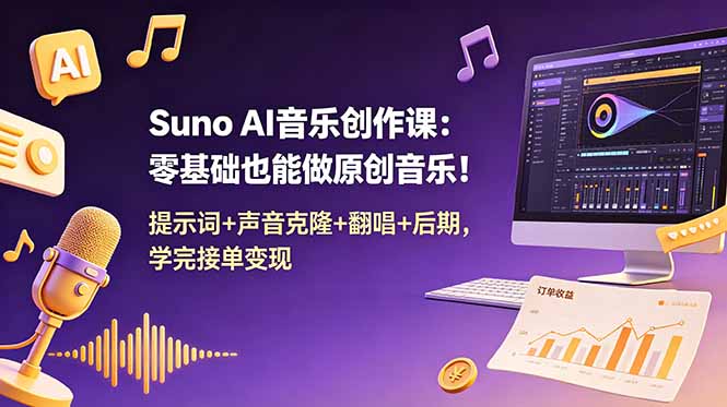 Suno AI音乐创作课：零基础也能做原创音乐！提示词+声音克隆+翻唱+后期，学完接单变现-niguangts