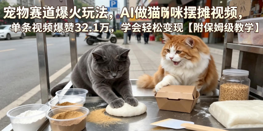 宠物赛道爆火玩法，AI做猫咪摆摊视频，单条视频爆赞32.1万，学会轻松变现【附保姆级教学】-niguangts