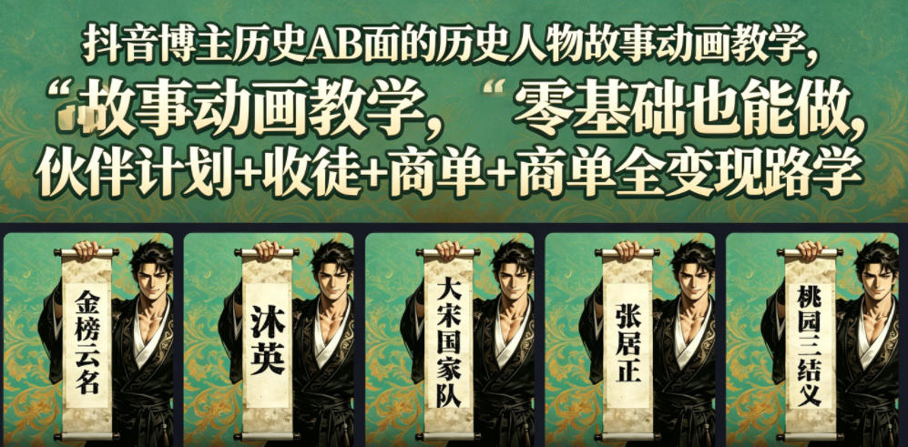 抖音博主历史AB面的历史人物故事动画教学，零基础也能做，伙伴计划+收徒+商单全变现路径教学-niguangts