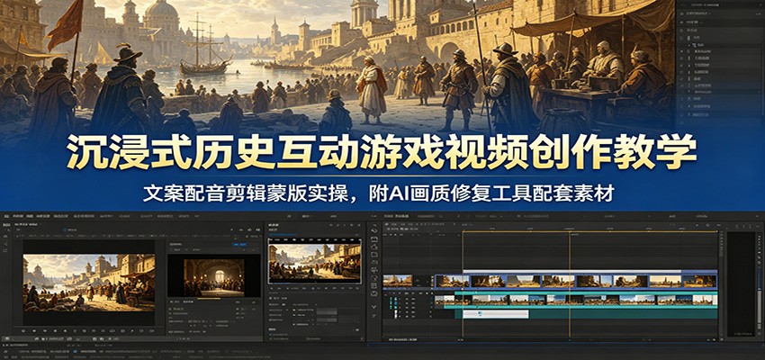 沉浸式历史互动游戏视频创作教学：文案配音剪辑蒙版实操，附AI画质修复工具配套素材-niguangts