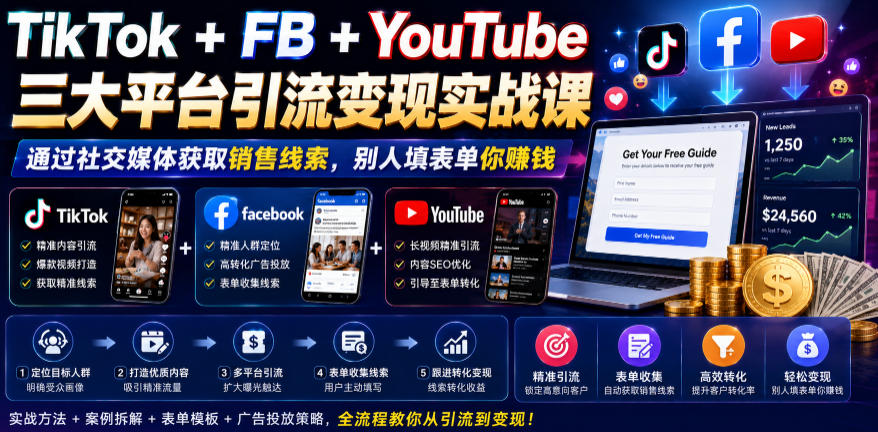 TikTok+FB+YouTube三大平台引流变现实战课，通过社交媒体获取销售线索，别人填表单你賺钱【原创双语字幕】-niguangts