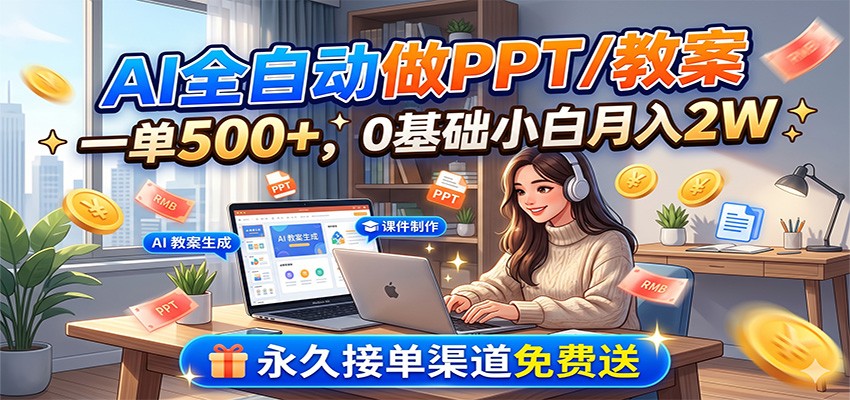 AI全自动做PPT/教案，一单500+，0基础小白月入2W，永久接单渠道免费送-niguangts